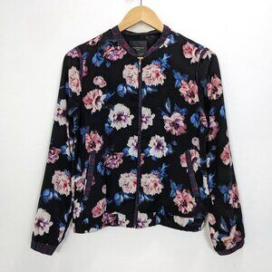 ZARA Size S Lightweight Long Sleeve Floral Print Bomber Jacket Black Purple
